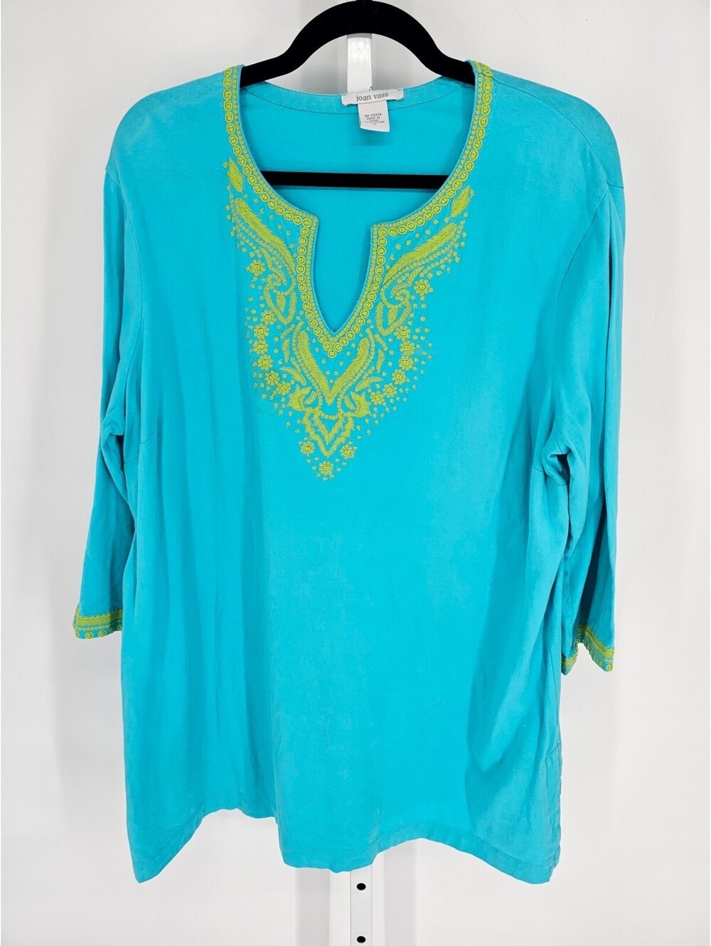 Joan Vass women's Sz 1X turquoise cotton embellished 3/4 sleeve tunic top
